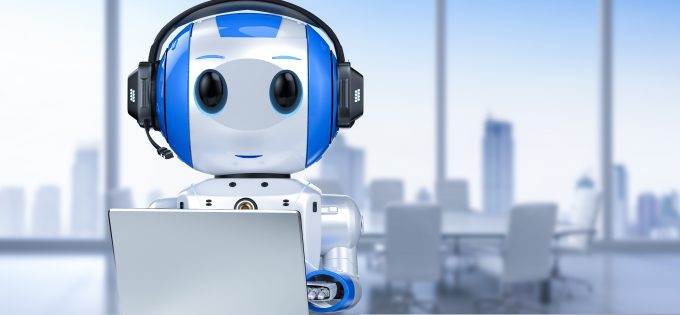 cute artificial intelligence robot with notebook