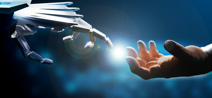 AI: The creation of Adam a robot hand touches a human hand. With lensflare. Michelangelo.