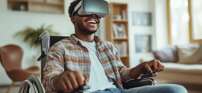 Smiling young man in wheelchair experiences VR at home